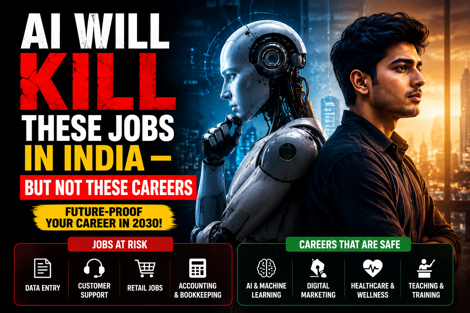 “Best AI Tools for Students in 2026” AI Tools 2026 showing AI replacing jobs in India while highlighting safe future careers like digital marketing, AI, healthcare, and teaching